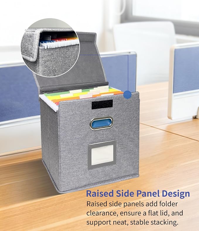 2 Pack Hanging File Folder Box with Lid, Durable Letter Size Filing Storage Box, Sturdy File Holder with Cardboard Support PVC Rails for Office Home Organizer, Gray