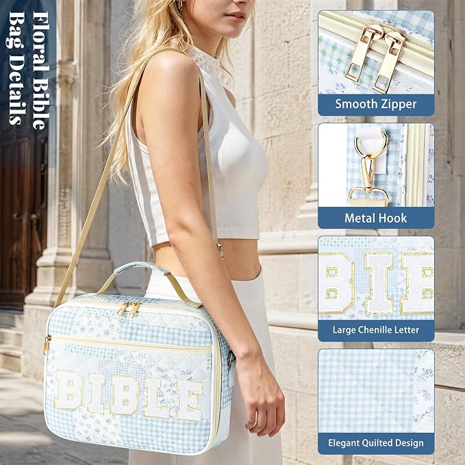Personalized Initial Bible Cover Case for Women, Large Quilted Bible Bag with Durable Handle, Stylish Church Bag Journaling Kit with Study Supplies Accessories, Christians Gifts for Women (Spliced)