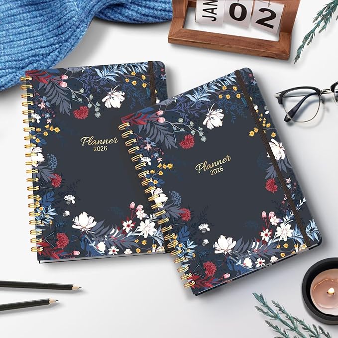 2026 Planner, A5 Weekly and Monthly Planners with Tabs, Spiral Bound Daily Calendar 2026 Planner, Agenda Organizers from Jan. to Dec., Hardcover Habit Tracker Journal 6.18" x 8.5"(Black Bloss)