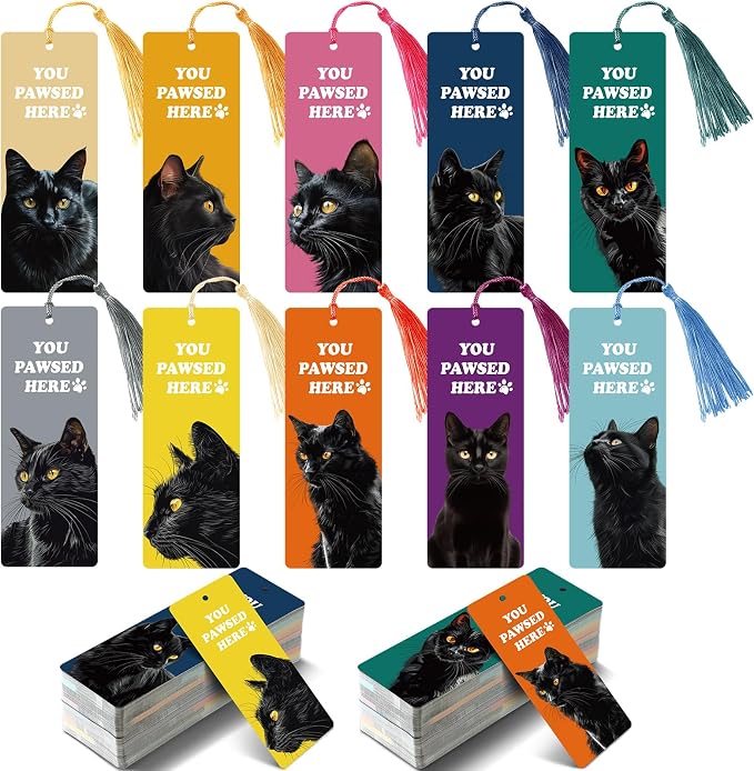 100 Pcs Black Cat Bookmarks with Tassels, Paper Bookmarks Bulk for Cat Mom Lovers Booklovers Back School First Day of School Gift Valentine's Day Classroom Reward for Women Teen Girl
