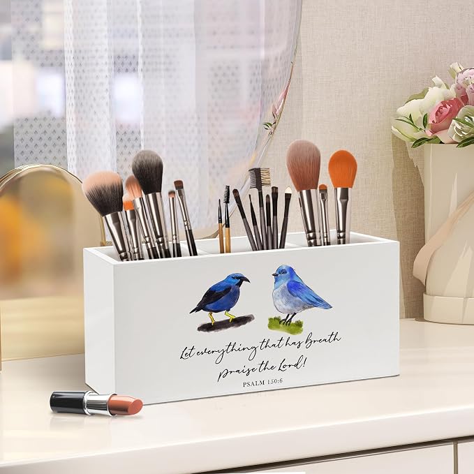 Blue Bird Christian Bible Verse Pen Holder, Christian Gifts Office Pen Pencil Holder Organizer for Desk Accessories, Bird Gifts Wooden Box Desk Decor for Home Office Desk Decorations