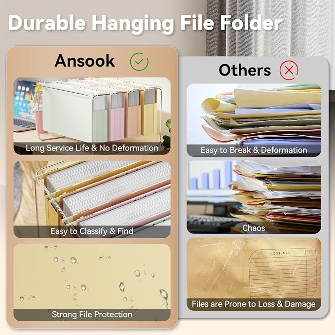 Ansook Legal Size Hanging File Folders,12 Pack File Folders Legal Size with Heavy Duty 2" Expansion, Plastic Hanging Folders for Filling Cabniet, Hanging Organizer for Office Home, Assorted Colors