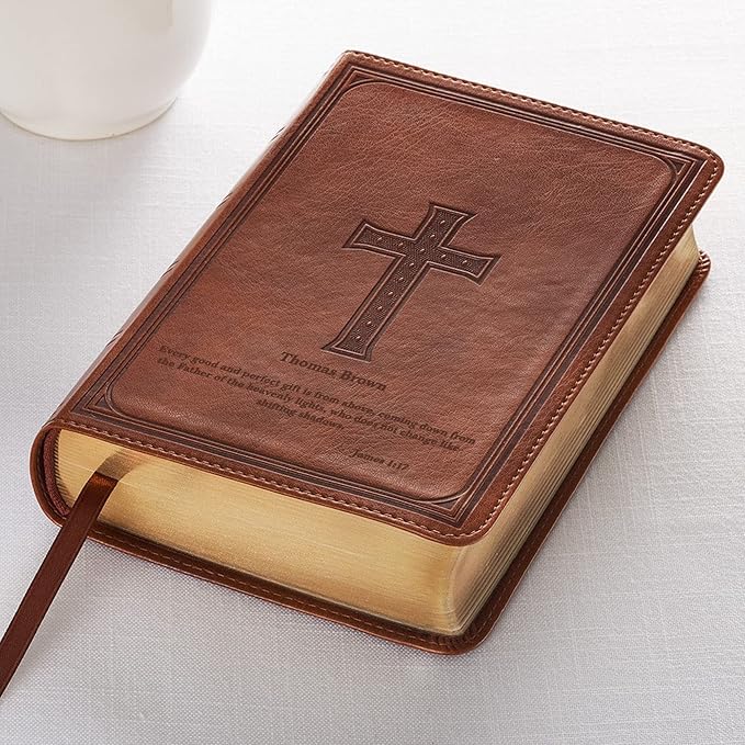 Personalized Compact Large Print Bible KJV Faux Leather Holy Bible Custom Name 3 Rows of Text & Red-Highlighted Verses, Personal Gift for Christian & Religious Celebrations | Brown