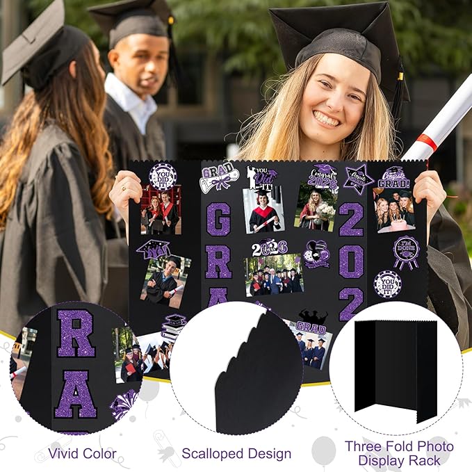 4 Set Graduation Photo Display Board, Class of 2026 Black Purple Trifold Poster Board with Grad Pattern Stickers, Graduation Photo Props Collage for Multiple Pictures Party Decorations, 16x24 Inch