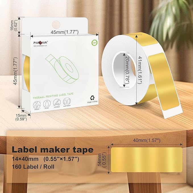 PARLAIM 14 X 40mm (1/2" x 1 1/2") Waterproof Thermal Label, 160pcs OEM Label Tape Replacement Roll for Label Maker Perfect for Home/Office/School, Bright Gold