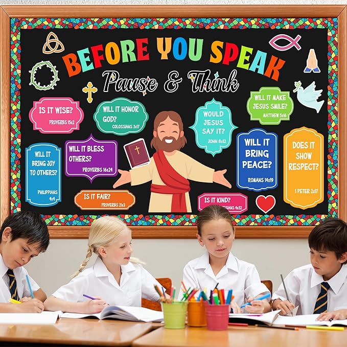 Christian Bulletin Board Set Jesus Bible Verse Church Cross Classroom Decoration Sunday School Bulletin Board Thorn Crown Pigeon Fish Symbol Cutouts for Religion School Chalkboard Wall Decor