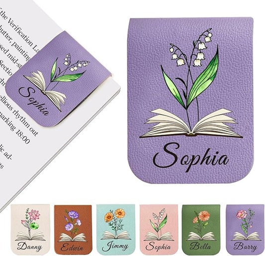 EDSG Personalized Magnetic Bookmarks, Leather Bookmark Clip with Birth Flower & Name, Custom Bookmarks for Book Lovers, Reader, Teacher, Book Mark for Women Men Christmas (Purple-Magnetic V1)