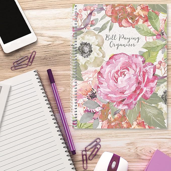 Current Pale Peony Paying Organizer Book - 9" x 12” Personal Account Book, Spiral Bound, 14 Storage Pockets, 32 Label Stickers, Monthly Finance & Payment Management Tracker for Home & Office