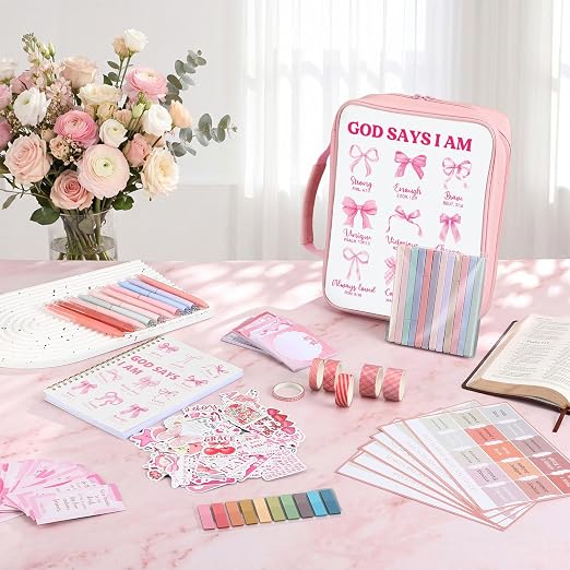 Capoda Bible Cover Case for Women, Bible Tote Bibles Study Supplies with Notebook Highlighters Ballpoint Pen Sticky Notes Scripture Card for Mother's Day Christian Gifts Women Mom Girls(God,Pink)