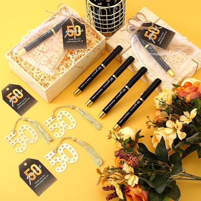Spakon 50 Set 50th Birthday Party Favor for Guest Anniversary Party Favor Golden Birthday Bookmark Thanks Coming Pen with Tag Appreciation Gifts for Women Men Wedding Anniversary