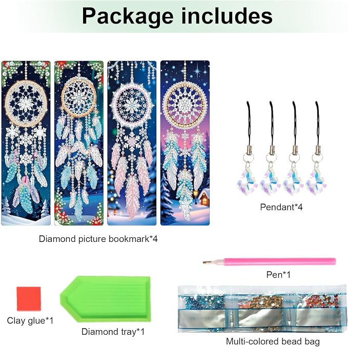 4 Pieces 5D Diamond Painting Bookmarks for Adults, Dreamcatcher Rhinestone Bookmarks with Tassels, DIY Handmade Diamond Art Bookmark Craft Kit, Unique Book Marks Set for Book Lovers