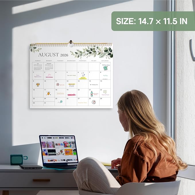 Calendar 2026-2027, Monthly Wall Calendar from April 2026 to December 2027, 11.5" x 14.7", Spiral Binding Hanging Wall Calendar, Perfect for Home or Office,Leaves