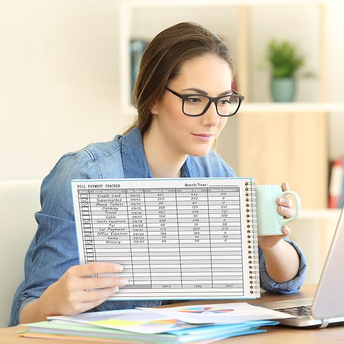 HAUTOCO Bill Tracker Notebook Monthly Bill Payment Tracker for Personal Budgeting Home Financial with 2 Storage Pocket, Payments Checklist Organizer Bill Planner 10.1 x 7.8'', Sky Blue