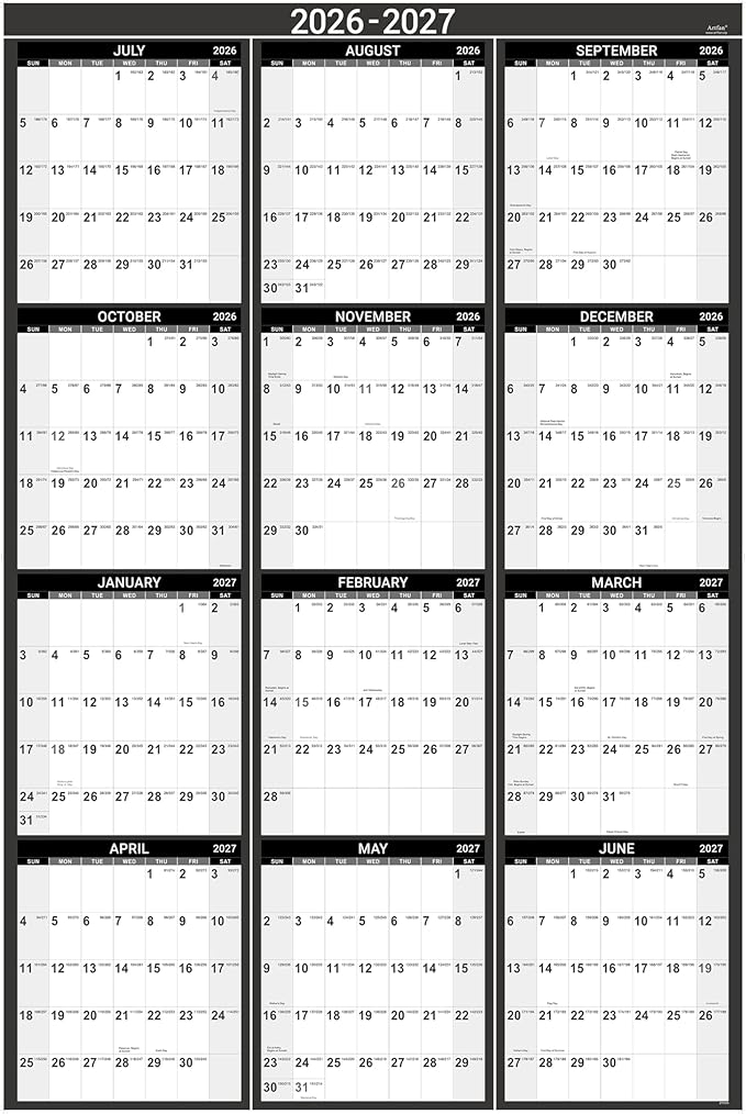 2026-2027 Yearly Wall Calendar - Calendar 2026-2027, July 2026 - June 2027, 34.4" x 22.8"(Open), Yearly Wall Calendar 26-27, Vertical Layout, Double-Sided Round Stickers, Large Calendar - Black