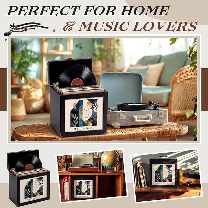 Amyhill Vinyl Record Storage Box with Display Window, Holds 30-35 Single Records 7/10/12 Inch Albums, PU Leather Record Case with Lid & Handle, Water-resistant Lp Storage for Records(Black,Wood)