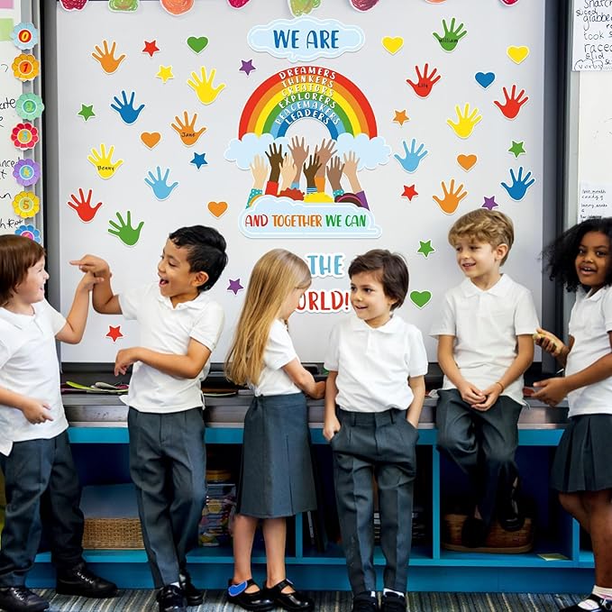 118 Pcs One World Together Classroom Decorations Positive Rainbow Cutouts Motivational Bulletin Board Set Inspirational Classroom Wall Chalkboard Door Decor for Back to School Teacher Supplies