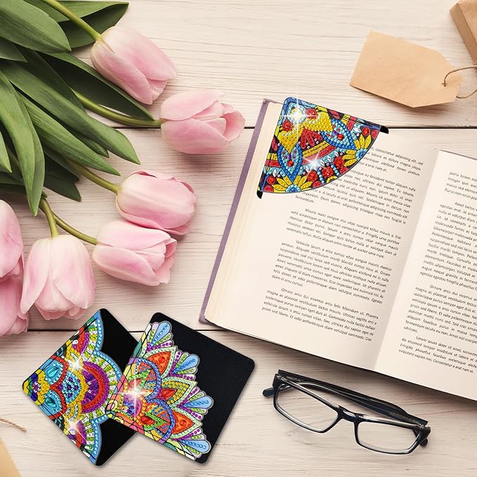 6 Pcs Diamond Painting Bookmark, DIY Corner Book Makers for Adults Book Lovers, Diamond Dot Art Beginner, Small Diamond Art Kits, Paint by Art Crafts Gift for Women Girls (Mandala 6 Black)