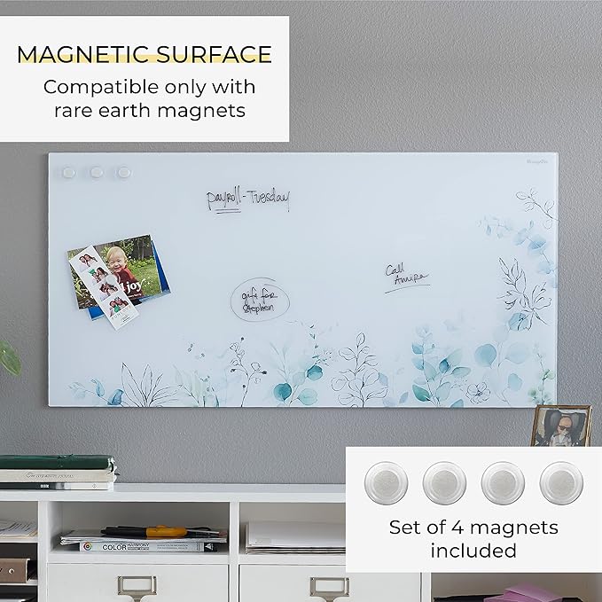 ECR4Kids MessageStor Dry-Erase Glass Board and Magnets, Office Essentials, Botanical