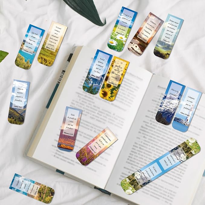Wxiben Spanish Christian Magnetic Bookmark - 30PCS Bible Verse Magnetic Bookmarks Scripture Scenery Book Marks Inspirational Religious Book Mark Magnets Page Marker Clip for Students Teacher Reading