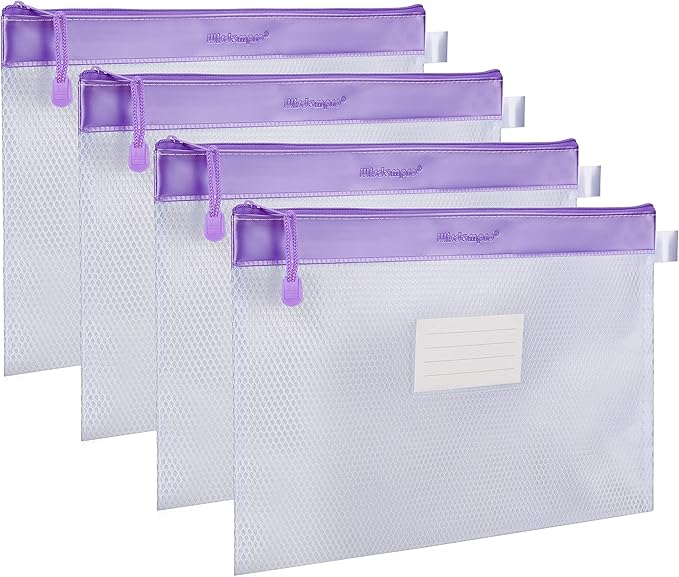 Wisdompro Zipper Pouch, 4 Packs Durable Letter Size Waterproof Mesh File Bag, Document Organizer - Purple