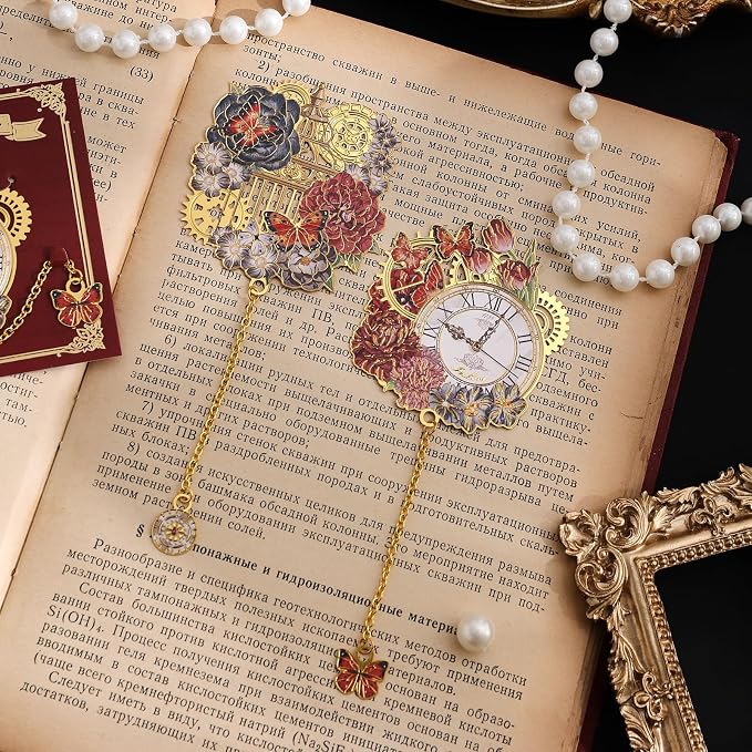 4pcs Vintage Metal Bookmark with Pendant Chain, Retro Steampunk Bookmarks, Flower & Clock Book Marks for Reading Women, Men, Kids, Book Lover, Teachers, Students