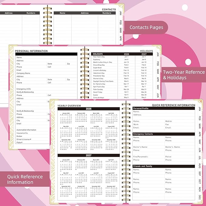 2026 Planner, Jan.2026 - Dec.2026 Planner Weekly and Monthly 6.25"x8.5" with Page Tabs, Calendar Hardcover with Inner Pocket, Elastic Band, Twin-Wire Binding, Bookmark, Pink Big Heart