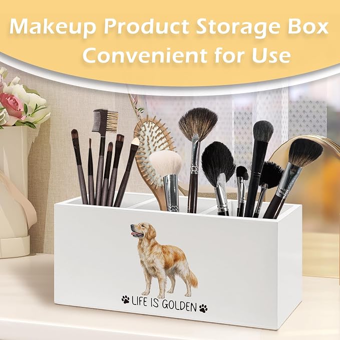 Golden Retriever Gifts Pen Pencil Holder, Dog Lover Gifts for Christmas Dog Lovers Women Girls, Inspirational Life Is Golden Wooden Pen Pencil Organizer for Home Office Bathroom Desk Decor