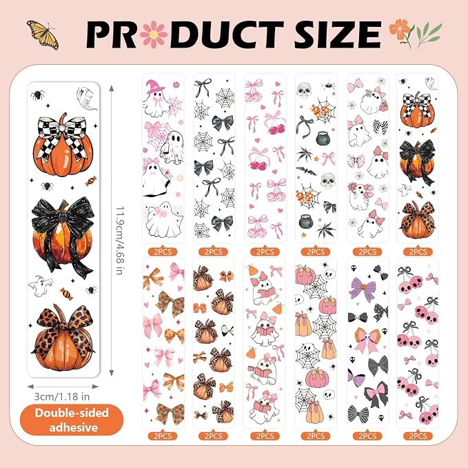 Halloween UV DTF Bookmark Wraps - 24 Sheets Cute Spooky Pumpkin Skeleton UV DTF Bookmark Stickers for Book Lovers, Pink Bows Spider Web Transfer Sticker DIY Blank Bookmarks Decoration (Stickers only)