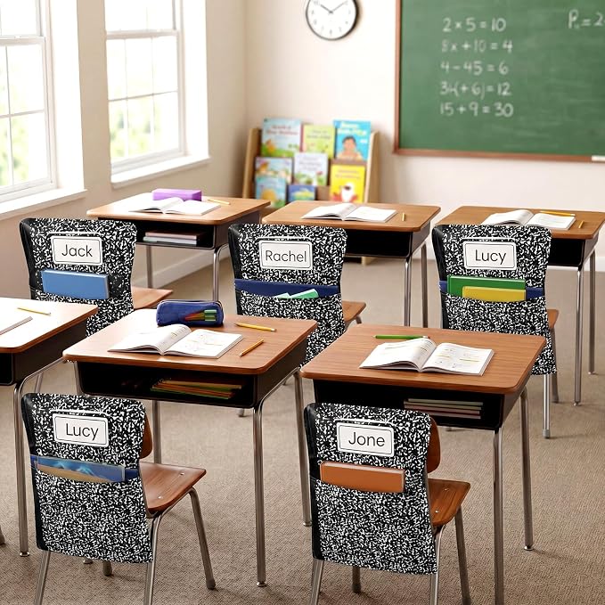 24 Pack Chair Pockets for Classroom Back to School Composition Seat Pocket 20 x 17 Inch K 2 Student Chair Bag Organizer with Name Tag Oxford Cloth Storage Bag for Kindergarten Primary (Black)