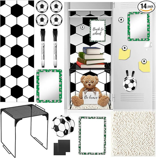 Demonwer 14 Pcs Locker Accessories Kit Soccer Themed Locker Organizer Magnetic Whiteboard Mirror Pen Holder Soccer Stickers for Back to School Essentials Locker Decorations