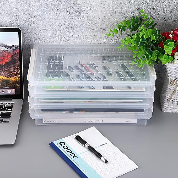 BTSKY 4 Pack A4 Plus Clear Plastic Stackable Storage Box Desk Paper Magazine Container with Buckle, Office Supplies Accessories File Protector Case Organizer, Portable Project Case Document Holders