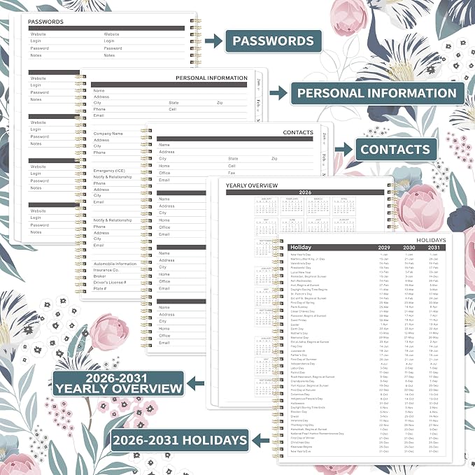 2026-2031 Monthly Planner - 5 Year Planner/Calendar 2026-2031 Spiral Bound, Jul. 2026 - Jun. 2031, 9" x 11", Twin-Wire Binding + Printed Tabs - Petunia