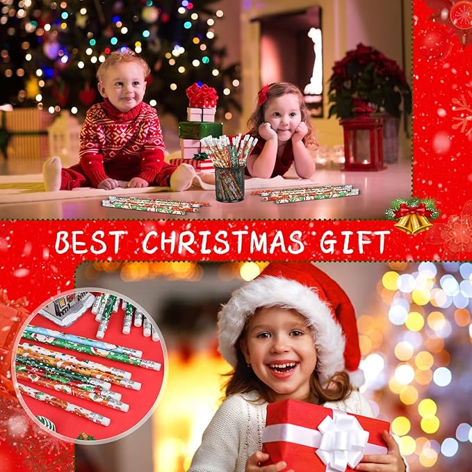 SULOLI Christmas Pencils with Eraser, 48pcs Xmas Themed Pencil with Santa Claus, Elk, Christmas Tree and Snowflake for Kids Children Christmas Party Supplies(8 Styles)