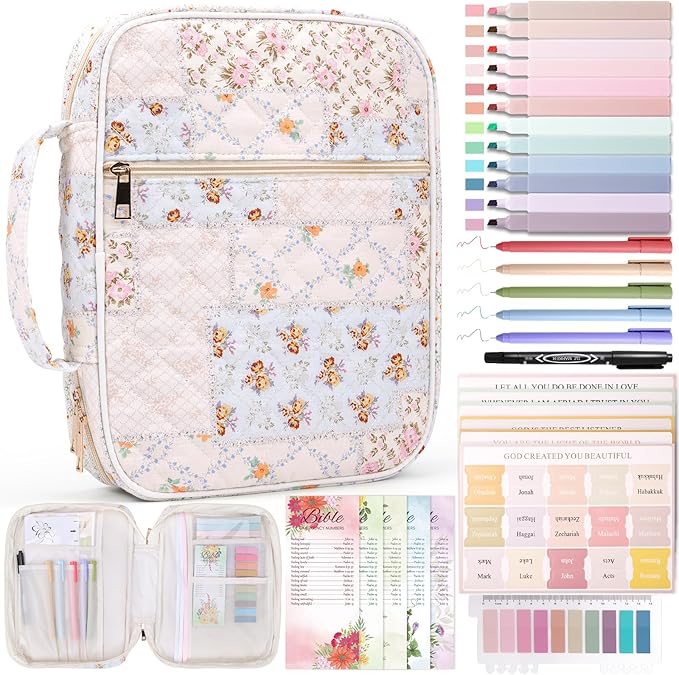 XKDOUS Bible Cover Case for Women Large Bible Bag w/Handle, Tabs, Pens, Study Supplies Organizer Journaling Kit Quilted Book Carrying Case Christian Gifts for Mom, Lady, Friends