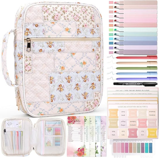 XKDOUS Bible Cover Case for Women Large Bible Bag w/Handle, Tabs, Pens, Study Supplies Organizer Journaling Kit Quilted Book Carrying Case Christian Gifts for Mom, Lady, Friends