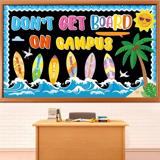 Summer Bulletin Board Set Summertime Classroom Decoration Don’t Get Board on Campus Bulletin Boards Hawaiian Theme Tropical Surfboard Beach Paper Cutouts for Summer School Home Chalkboard Wall Decor