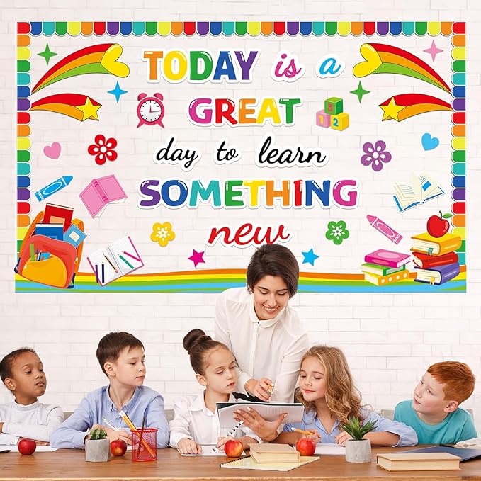 gisgfim Welcome Back to School Bulletin Board Decorations Set Motivational Learn Something New Classroom Colorful Rainbow Paper Cutouts Bulletin Board Decor for Nursery Door Teachers Chalkboard Wall