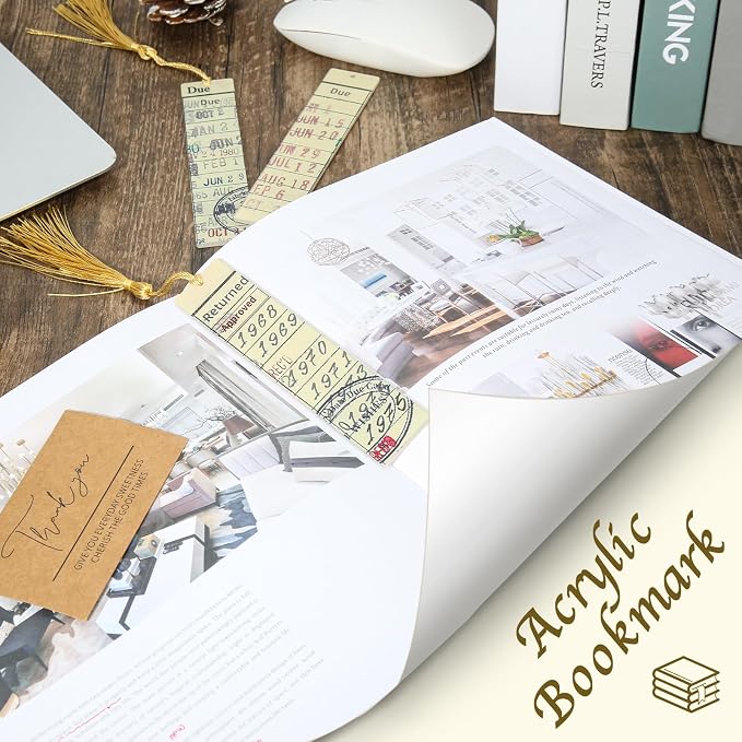 Bookmark for Book Lovers, Vintage Library Due Date Card Bookmarks Set, 4pcs Creative Acrylic Bookmarks for Men Women Book Lovers, Book Accessories Gift for Birthday, Teachers Appreciation