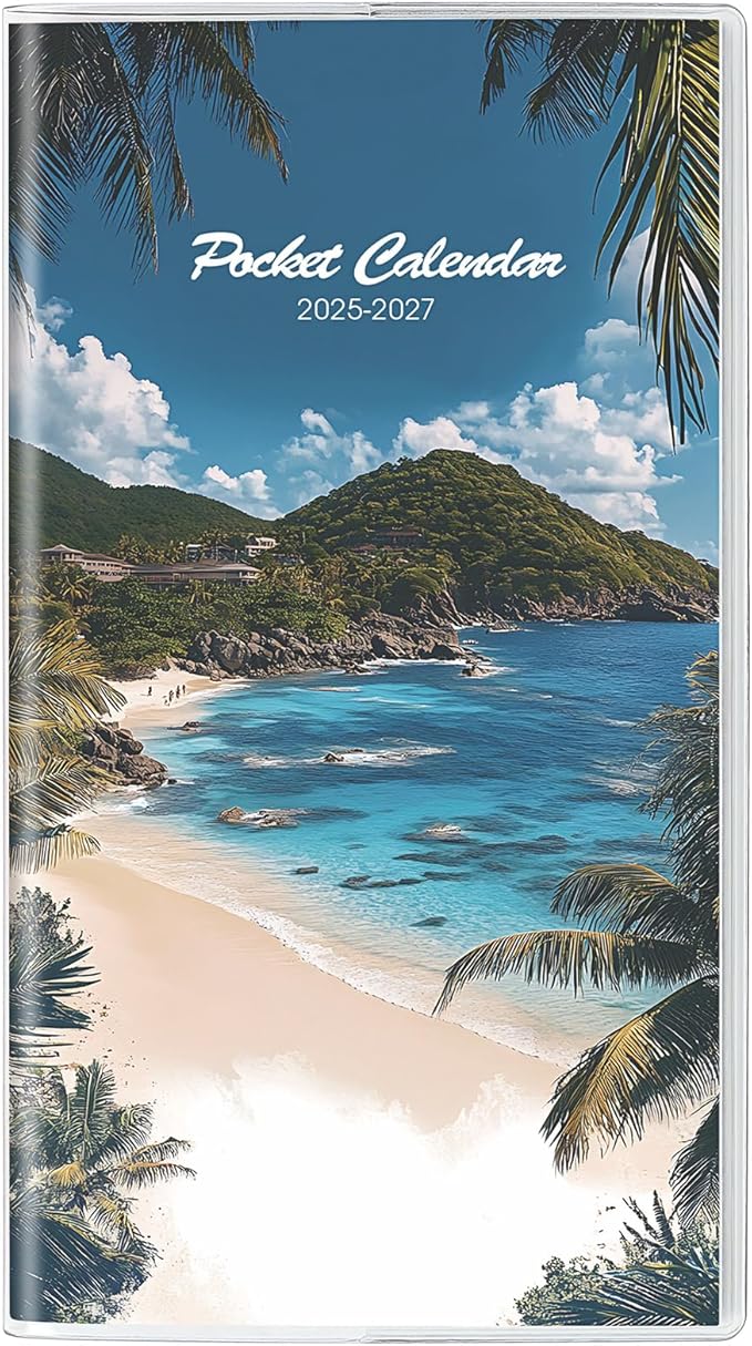 KONVINIT Pocket Calendar 2025-2027, Small Monthly Planner 2025-2027 - 3.7" x 6.7" - Runs from July 2025 Until December 2027, Pocket Calendar 2026 with Beach Cover for Planning