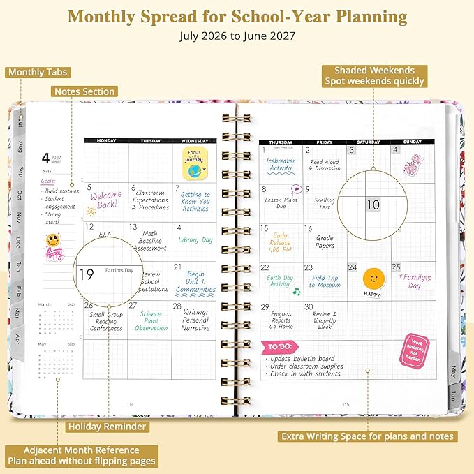 JoyCat Academic Planner 2026-2027, July 2026 - June 2027, A5 Weekly & Monthly Planner, Hardcover Agenda with Tabs, 5 Sticker Sheets, Elastic Closure & Pocket for Teachers & Students, 6.3" x 8.5", Wildflowers