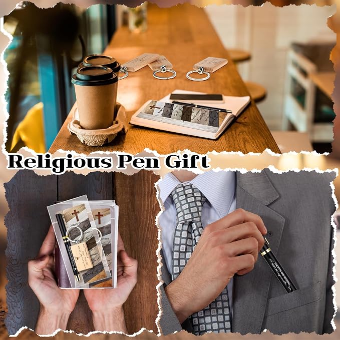 Spakon 10 Sets Father Day Church Gifts Bulk Mens Christian Mini Bible Verse Wooden Keychains Scripture Religious Pens with Cross Prayer Bookmarks Faith Gifts for Women Dad Pastor Sunday School