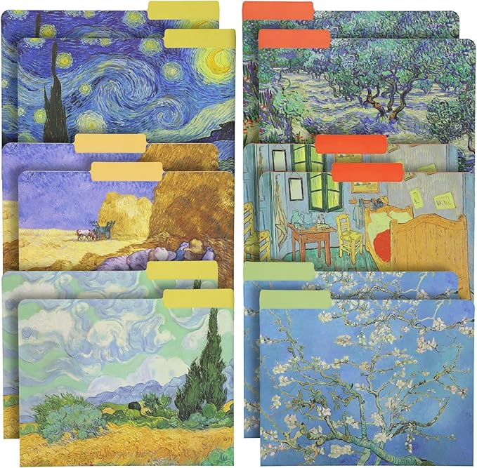 The Gifted Stationery File Folders - 12 Pack, Letter Size, Multicolor Van Gogh Floral with 1/3 Cut Tabs - Decorative File Folders for Office Supplies for Document Organization