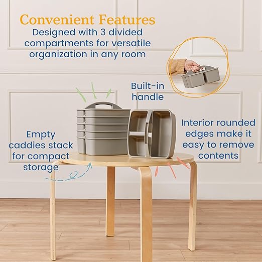 ECR4Kids 3-Compartment Small Plastic Caddy, Multipurpose Organization, Grey, 6-Pack