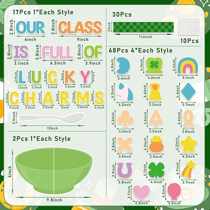 127Pcs St. Patrick's Day Bulletin Board Classroom Decoration Lucky Charms Cutouts Shamrock Clover Name Tags Green Plaid Border Trim School Classroom Party Supplies Chalkboard Wall Door Decor