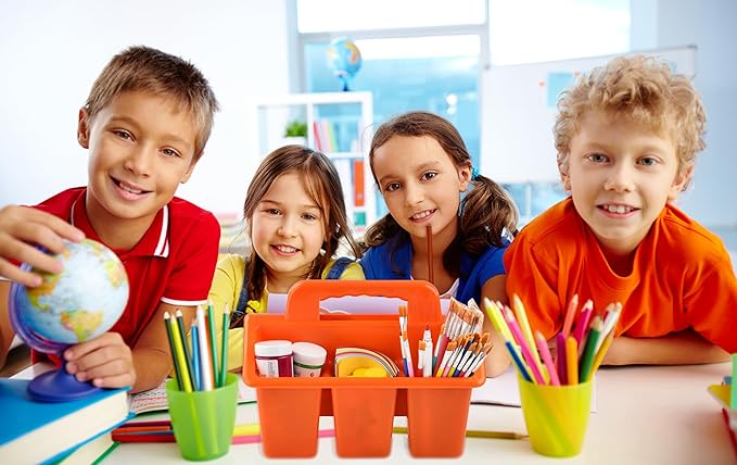 Haundry Classroom Caddy Storage Basket with Handle, 6 Pack Plastic Arts Office Crafts Caddy 4 Compartments for Kids, Pencil, Crayon, Marker, School Supplies, 6 Colors
