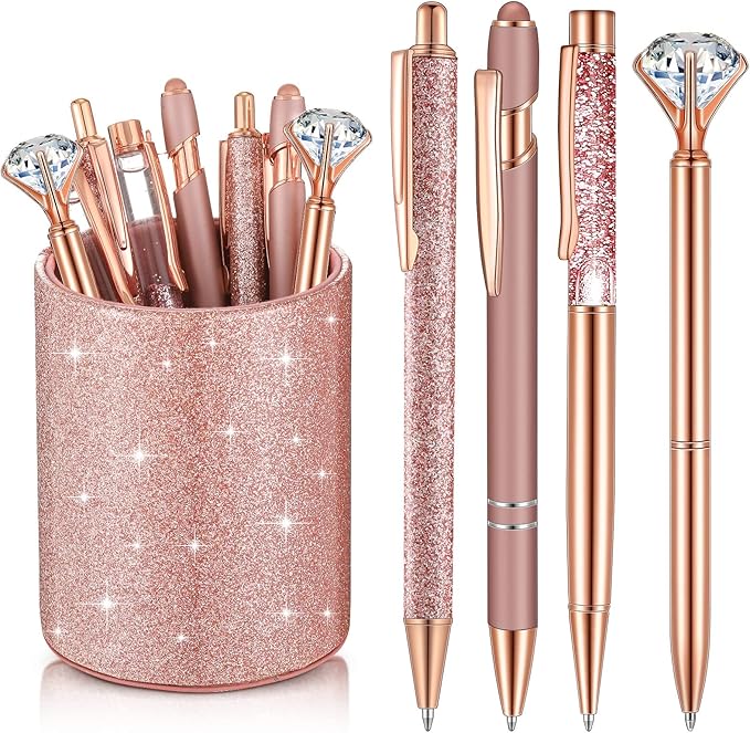 Sabary 8 Pcs Rose Gold Pens with Pen Holder for Desk Glitter Crystal Diamond Cute Ballpoint Fancy Pencil Holder Bling Desk Organizer for Women Girls School Office Supplies Wedding Graduation Gifts