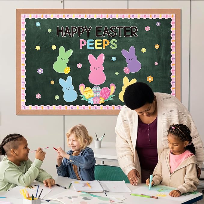 Easter Bulletin Board Decor Colorful Bunny Cutouts Bulletin Board Border for Classroom School Blackboard Door Wall Decor Kids DIY Craft Spring Classroom Decorations