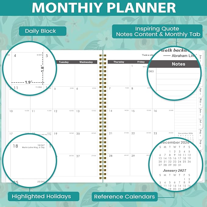 2027-2028 Monthly Planner - 2 Year Planner 2027-2028, Jan. 2027 - Dec 2028, 9" x 11", 2 Year Calendar 27-28 Monthly Planners with Tabs, Back Pocket, Twin-wire Binding - Floral