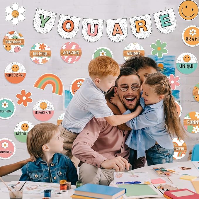 JarThenaAMCS Boho Affirmation Station Bulletin Board Set Retro Motivational Inspirational Paper Cutouts with Glue Points Positive Growth Mindset Decor for Back to School Students Classroom Home