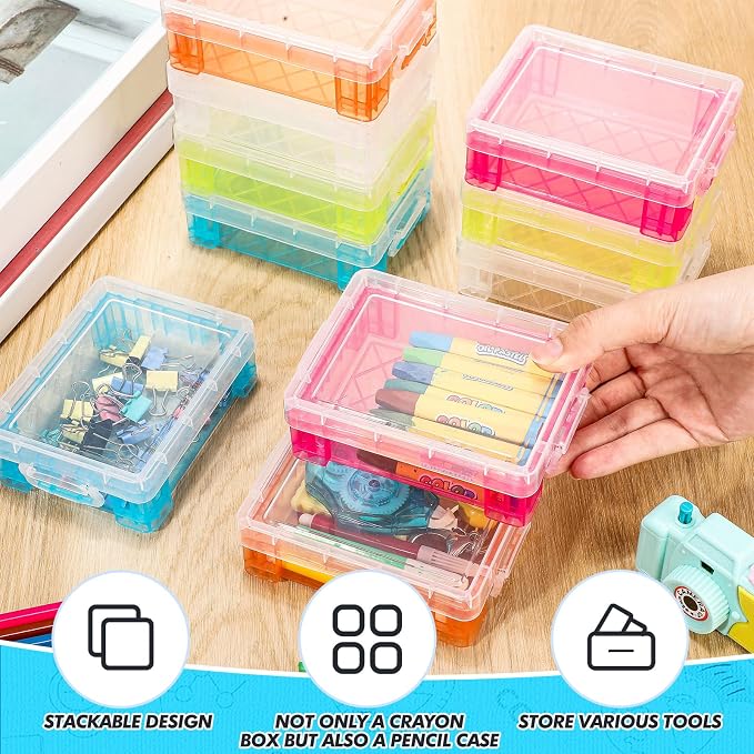 Suzile 60 Pcs Plastic Crayon Boxes with Snap Lids Clear Crayon Organizers and Storage Container, Bulk Stackable Pen Pencil Case for Art Crafts Classroom Office(Multicolor)